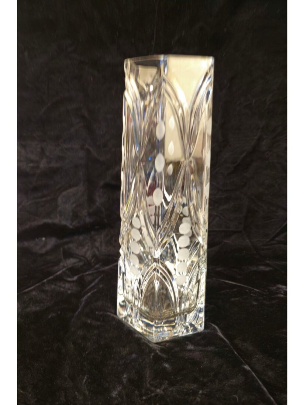 Vintage Etched Crystal Vase With Geometric Dot Pattern 11-Inch Tall Hexagonal Ba - Picture 9 of 13